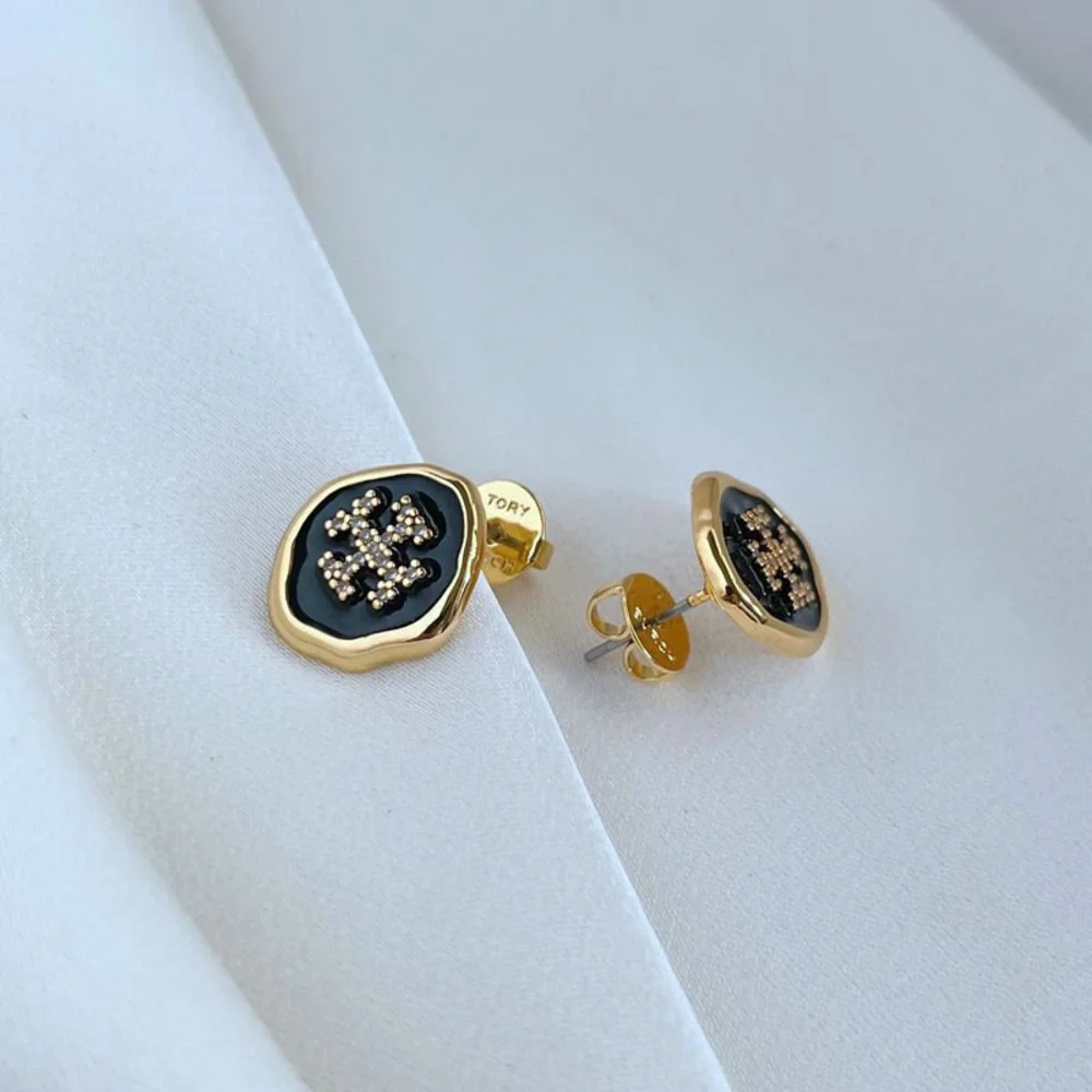 Tory Burch Gold and Black Logo Stud Earrings